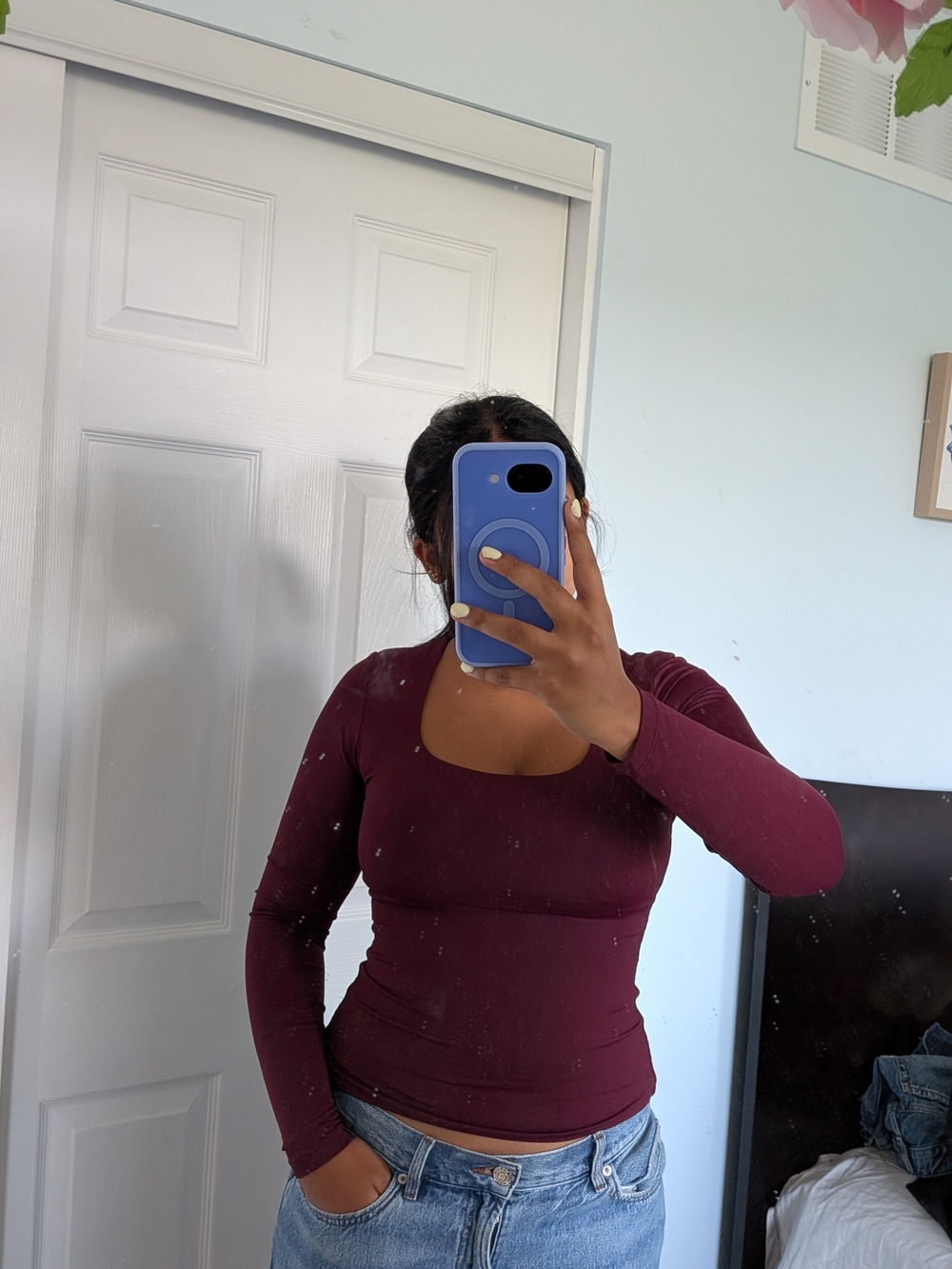 Womenโs Long Sleeve Square Neck Top - Burgundy